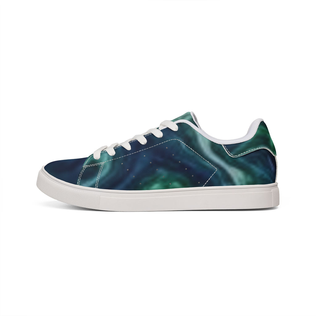 Men's Low-Top Leather Sneakers — Teal Marble Swirl Casual Shoes