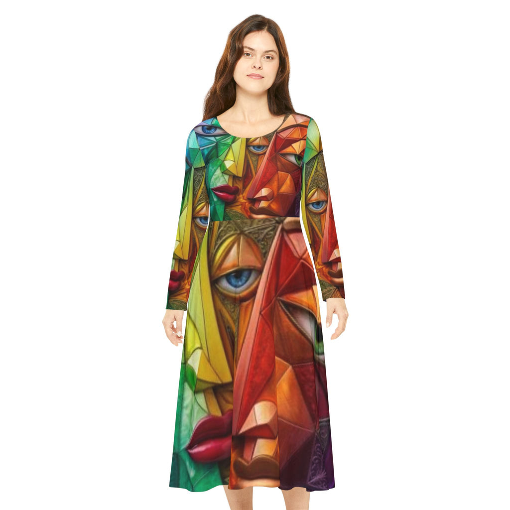 Vestido de caras cubistas coloridas | Vestido de baile de manga larga