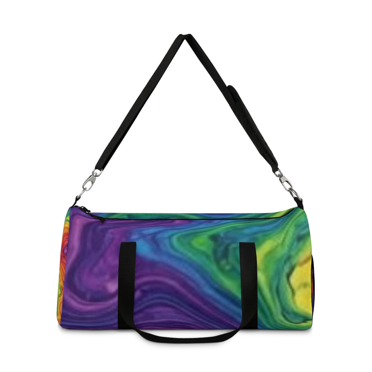 Rainbow Swirl Duffel Bag — Colorful Travel Gym Bag with Psychedelic Marble Print