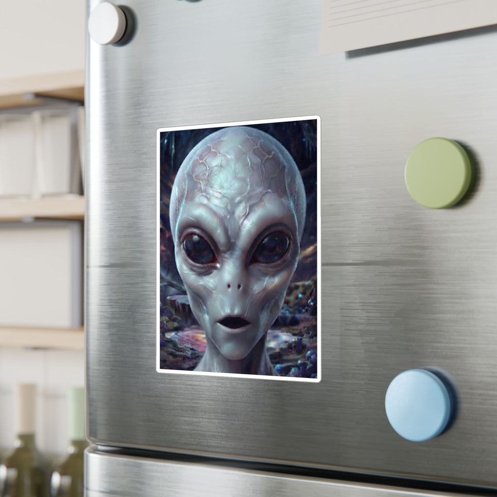 Alien Face Vinyl Decal — Kiss-Cut Extraterrestrial Sticker for Laptops, Windows & Gear