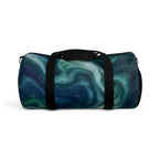 Teal swirl duffel bag with ocean abstract design, Printify travel gym bag made of durable fabric with handles and zipper closure.