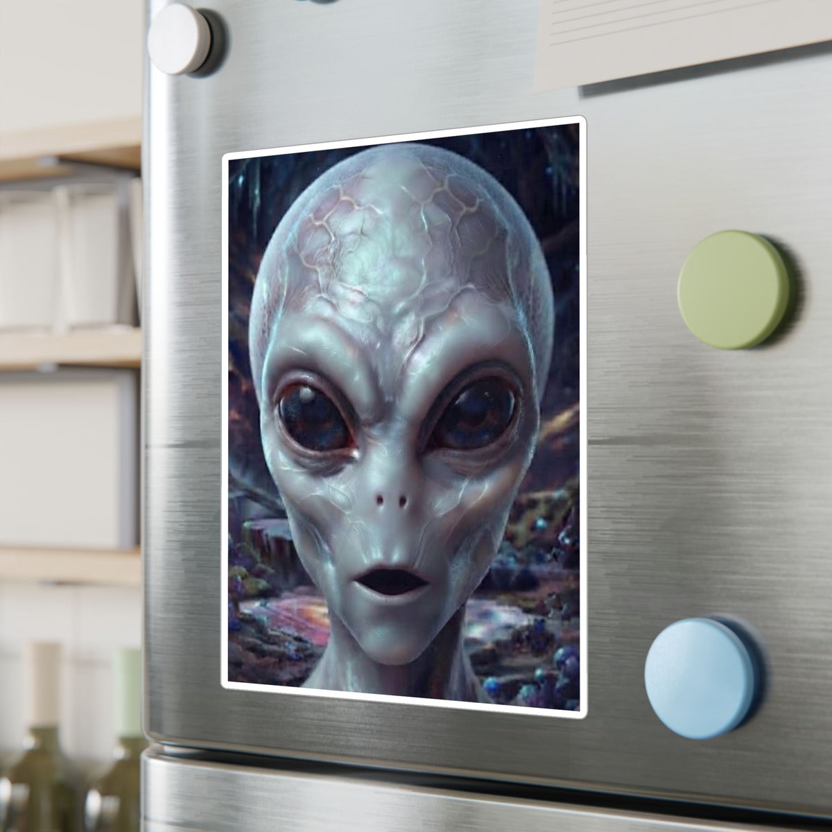 Alien Face Vinyl Decal — Kiss-Cut Extraterrestrial Sticker for Laptops, Windows & Gear
