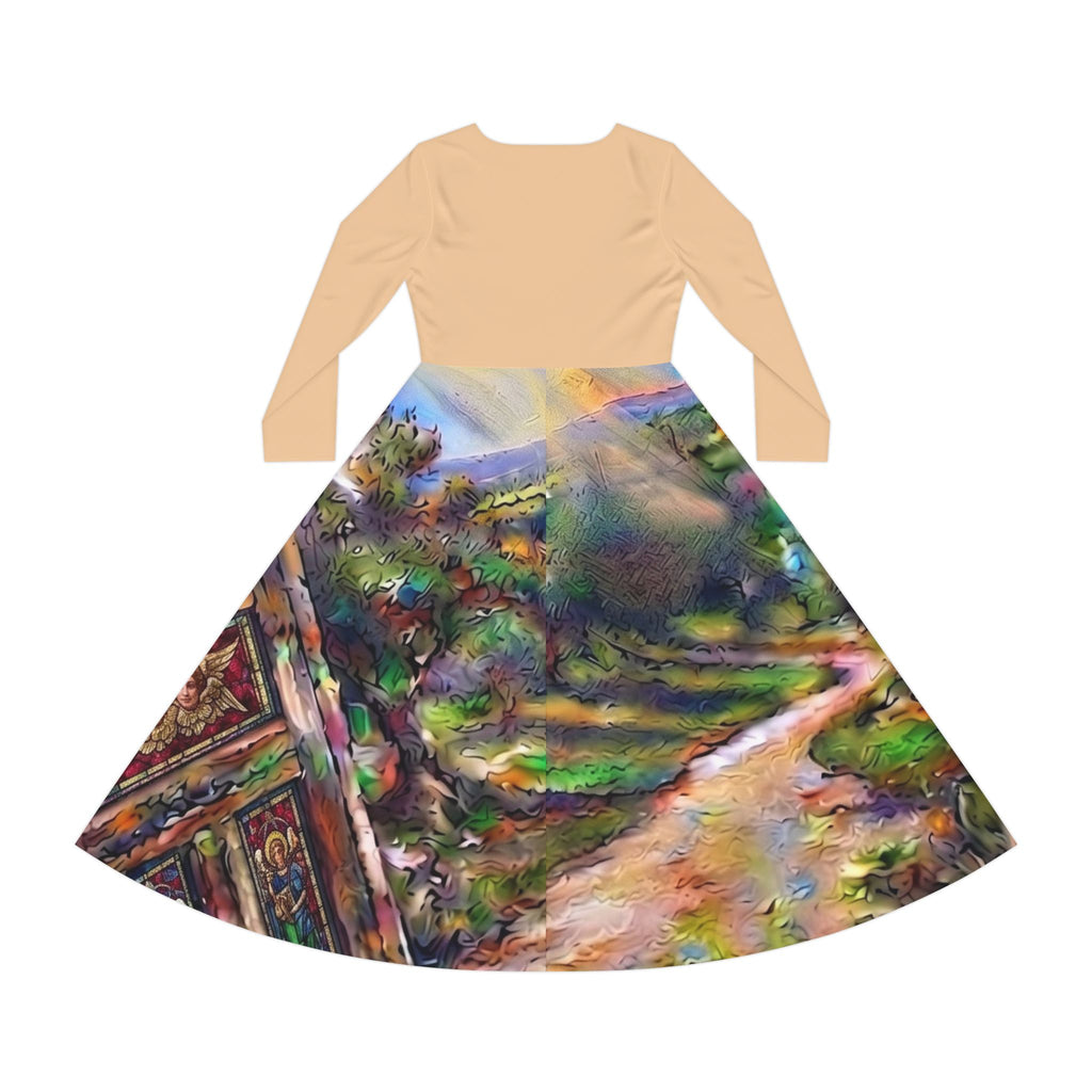 Women's Long Sleeve Dress Door opening to lighted path (AOP)