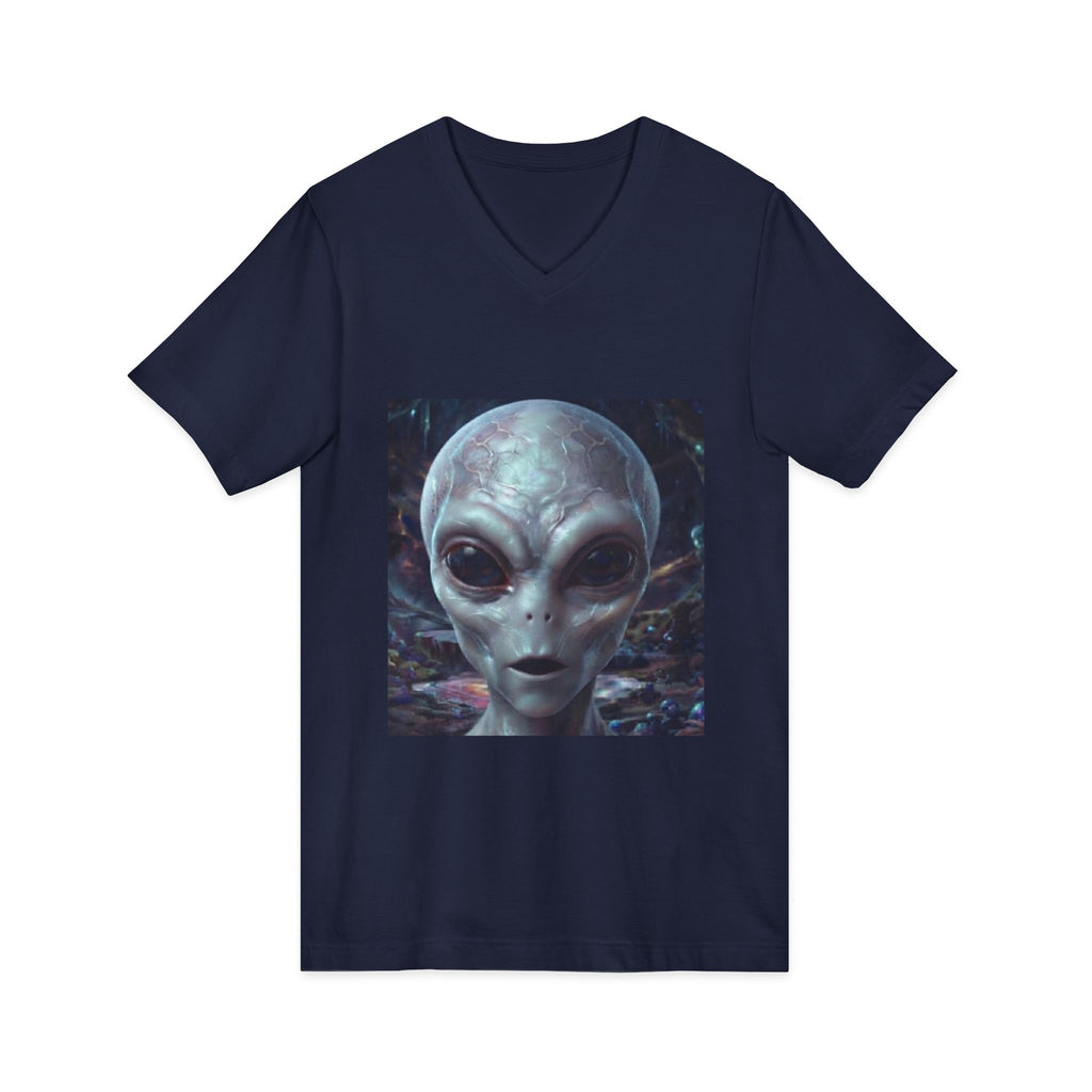 Alien Face V-Neck Tee — Realistic Extraterrestrial Graphic T-Shirt