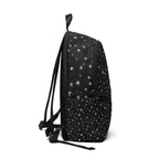 Starry Night black fabric backpack with galaxy print, ideal for school or travel, by Printify.