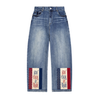 ODMPOD Sun Fade Heavyweight Denim Jeans showing relaxed fit, light sun fade, and classic five-pocket design.