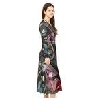 All-over print of an abstract geometric long sleeve dress from the "No More Stolen Sisters" series by Printify featuring bold shapes and colors.