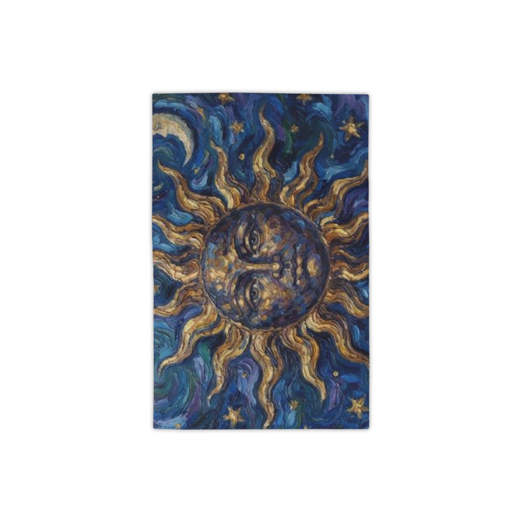 Celestial Sun Beach Towel – Golden Sun Face on Starry Blue Background
