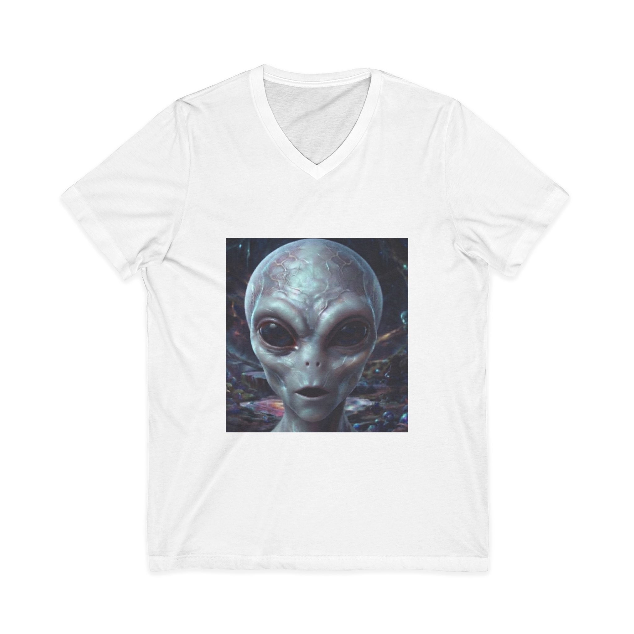 Alien Face V-Neck Tee — Realistic Extraterrestrial Graphic T-Shirt