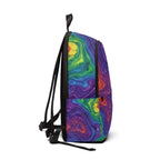 Colorful psychedelic rainbow swirl backpack from Printify with adjustable straps and spacious main compartment.