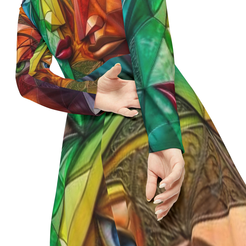 Vestido de caras cubistas coloridas | Vestido de baile de manga larga
