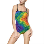 Rainbow marble one-piece swimsuit with psychedelic tie-dye print for women, featuring vibrant all-over print design.