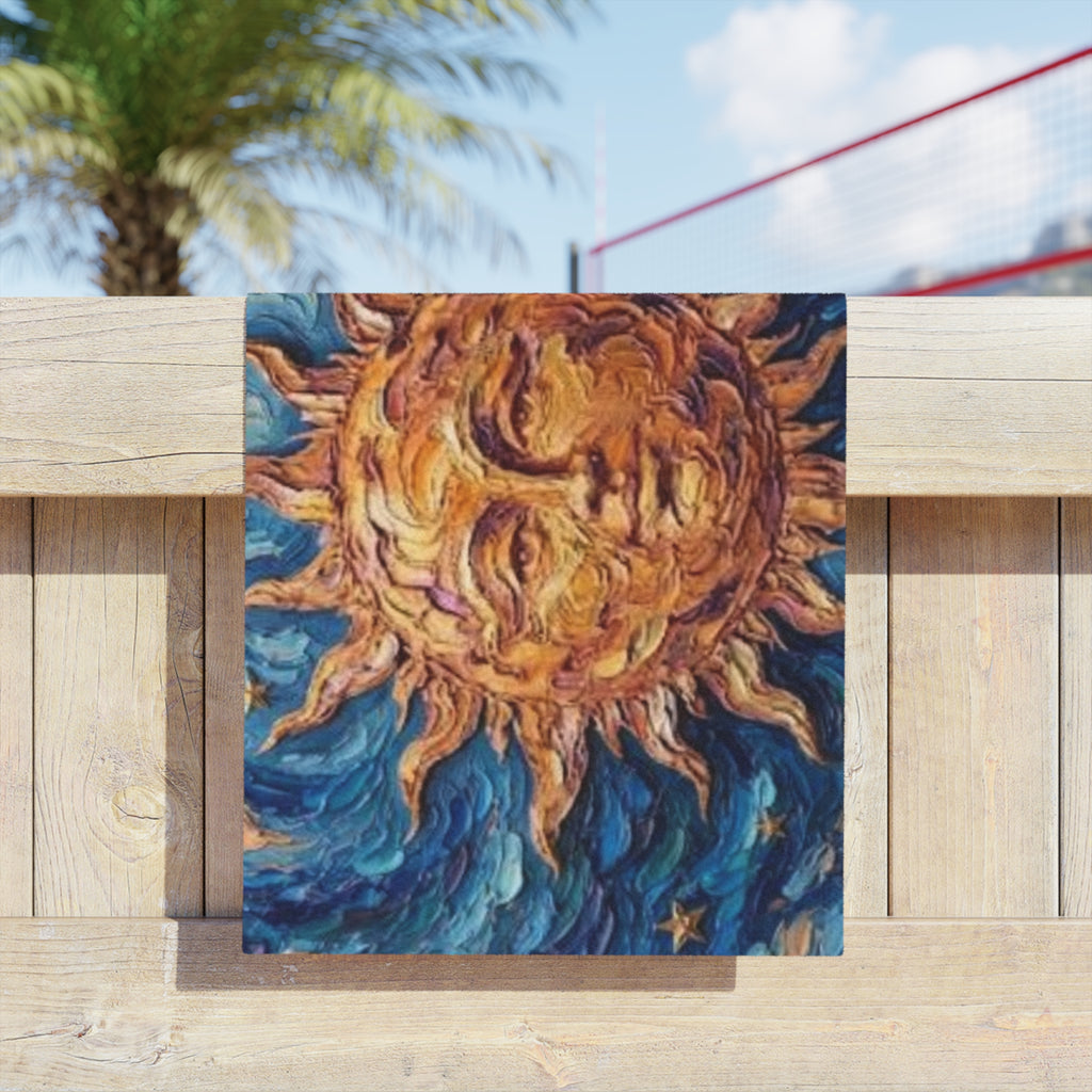 Celestial Sun Beach Towel — Vibrant Van Gogh‑Style Sun & Swirling Blue Waves