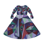 Geometric abstract faces long sleeve dance dress by TRENDZY THREADZ, featuring bold patterns and a fitted silhouette.