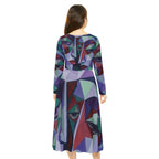 Long sleeve geometric abstract faces dress by TRENDZY THREADZ featuring bold, artistic face patterns on a stylish dance dress.