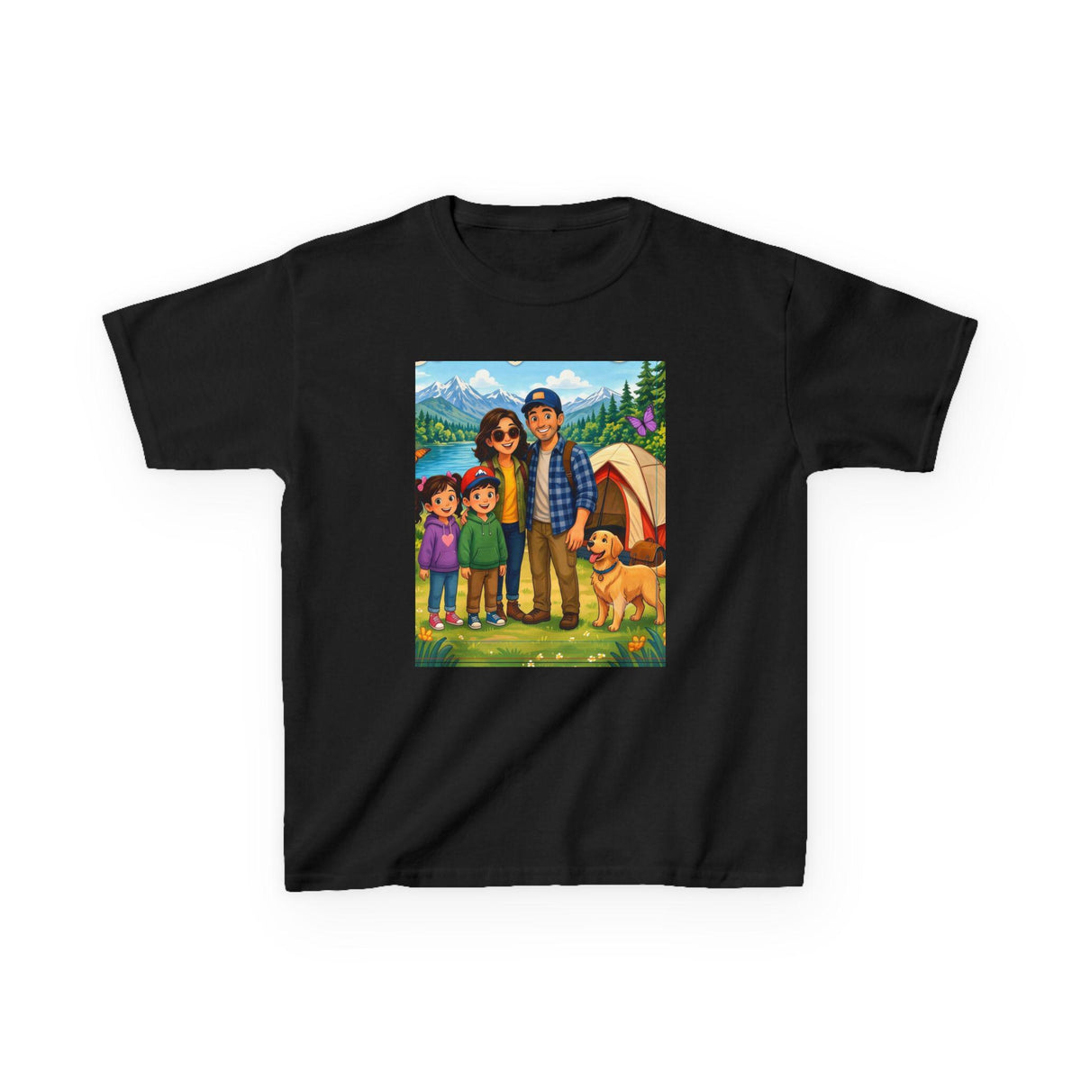 Family Camping Illustration Kids Tee | Outdoor Adventure, Tent, Dog