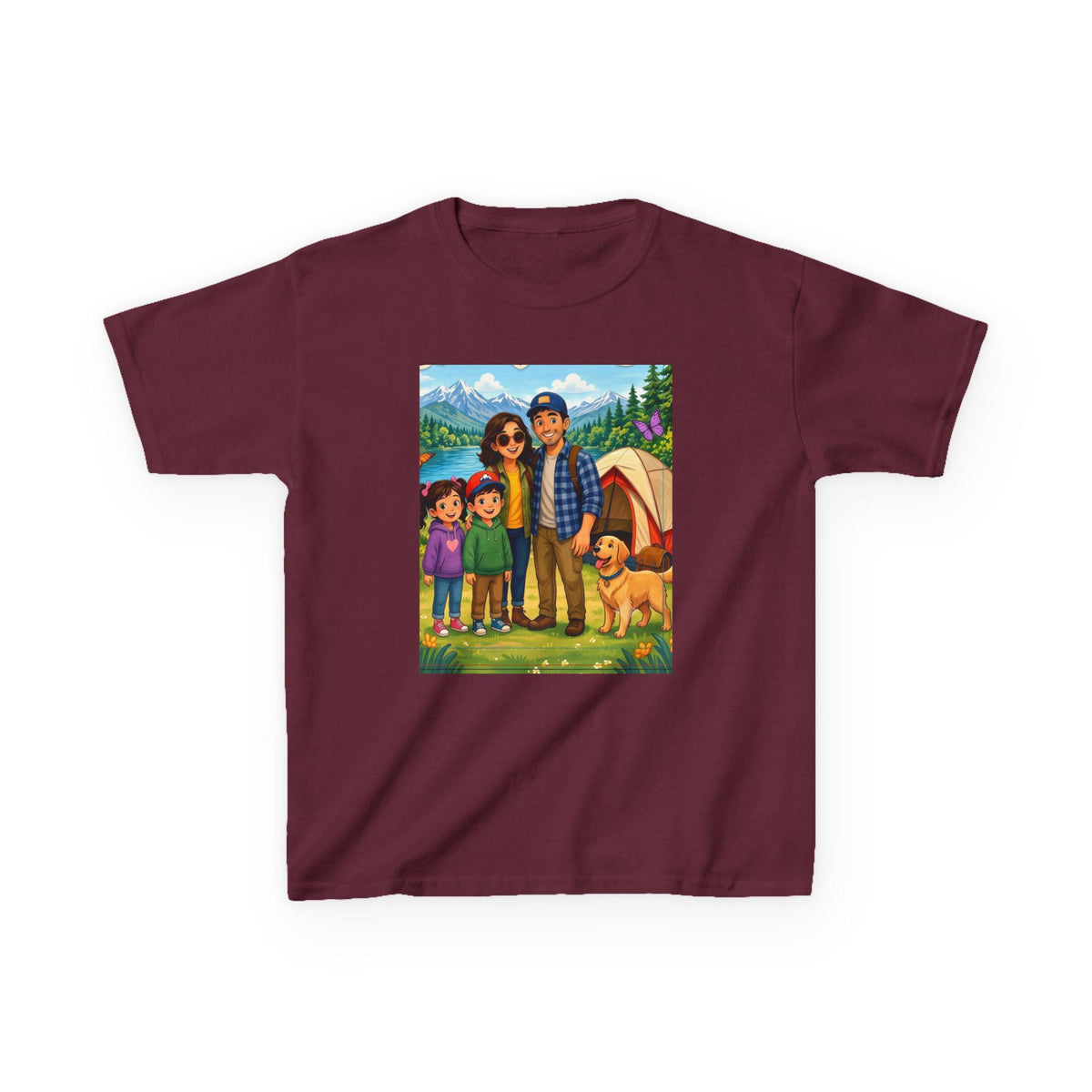 Family Camping Illustration Kids Tee | Outdoor Adventure, Tent, Dog
