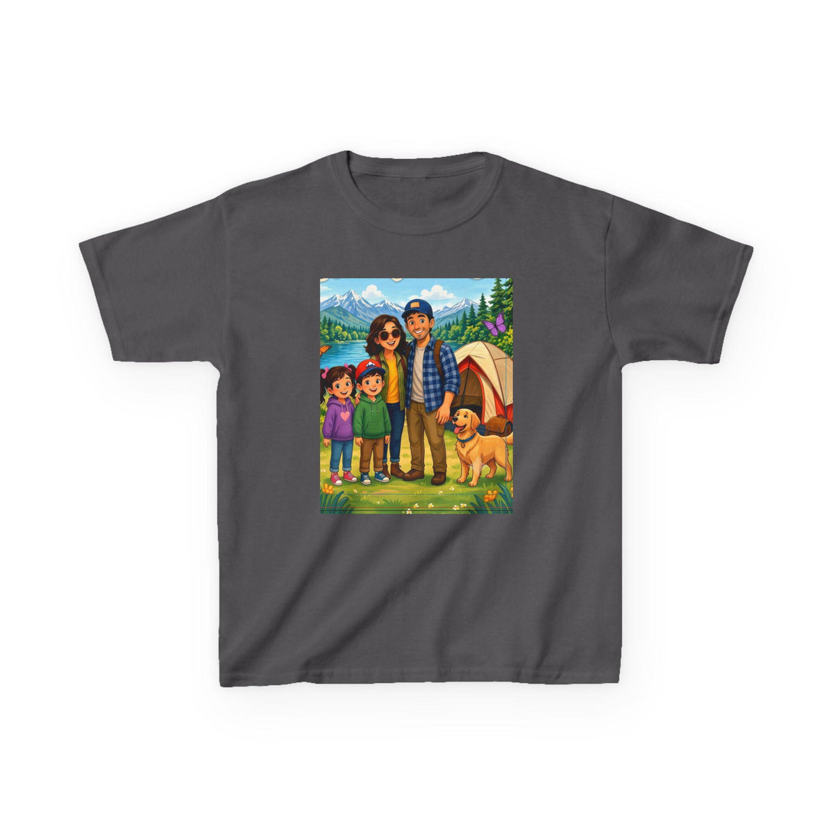 Family Camping Illustration Kids Tee | Outdoor Adventure, Tent, Dog