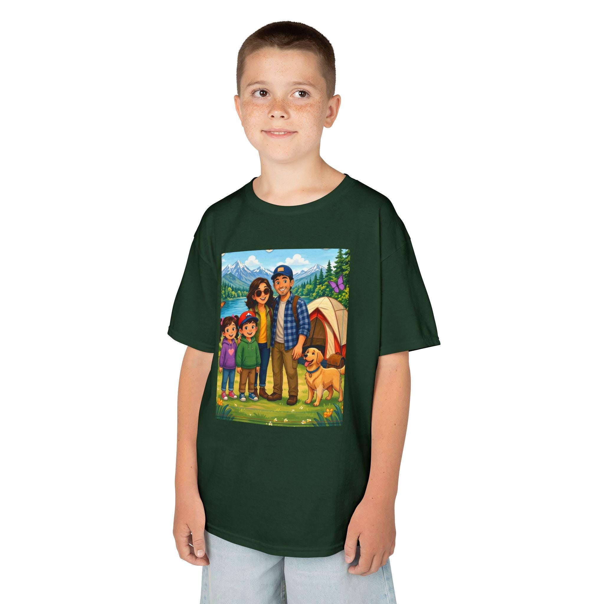 Family Camping Illustration Kids Tee | Outdoor Adventure, Tent, Dog