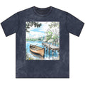 Camiseta ilustrada de canoa en el lago | Muelle, agua, árboles, escena rústica de la naturaleza