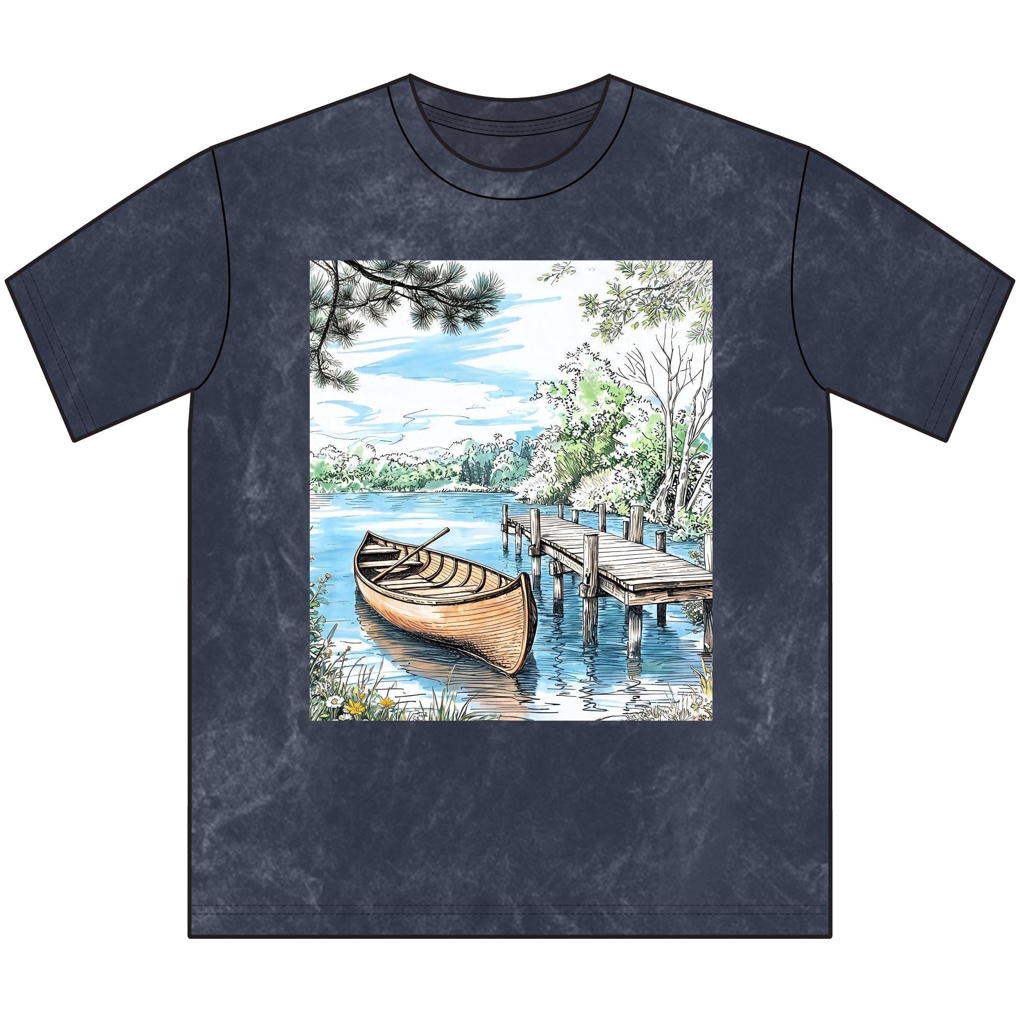 Lakeside Canoe Illustration Tee | Dock, Water, Trees, Rustic Nature Scene