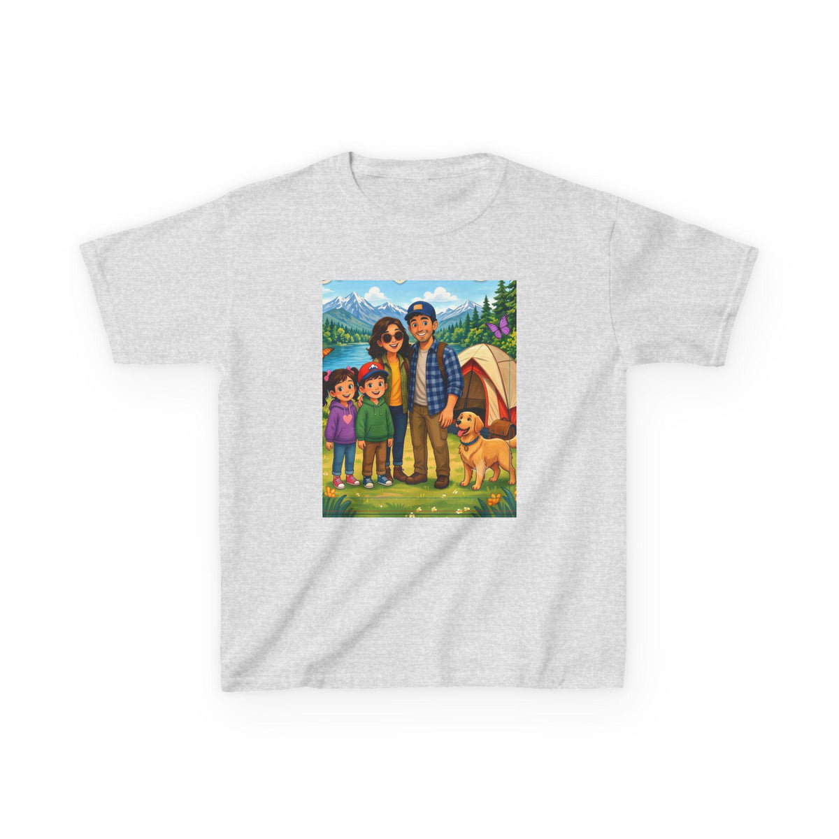 Family Camping Illustration Kids Tee | Outdoor Adventure, Tent, Dog
