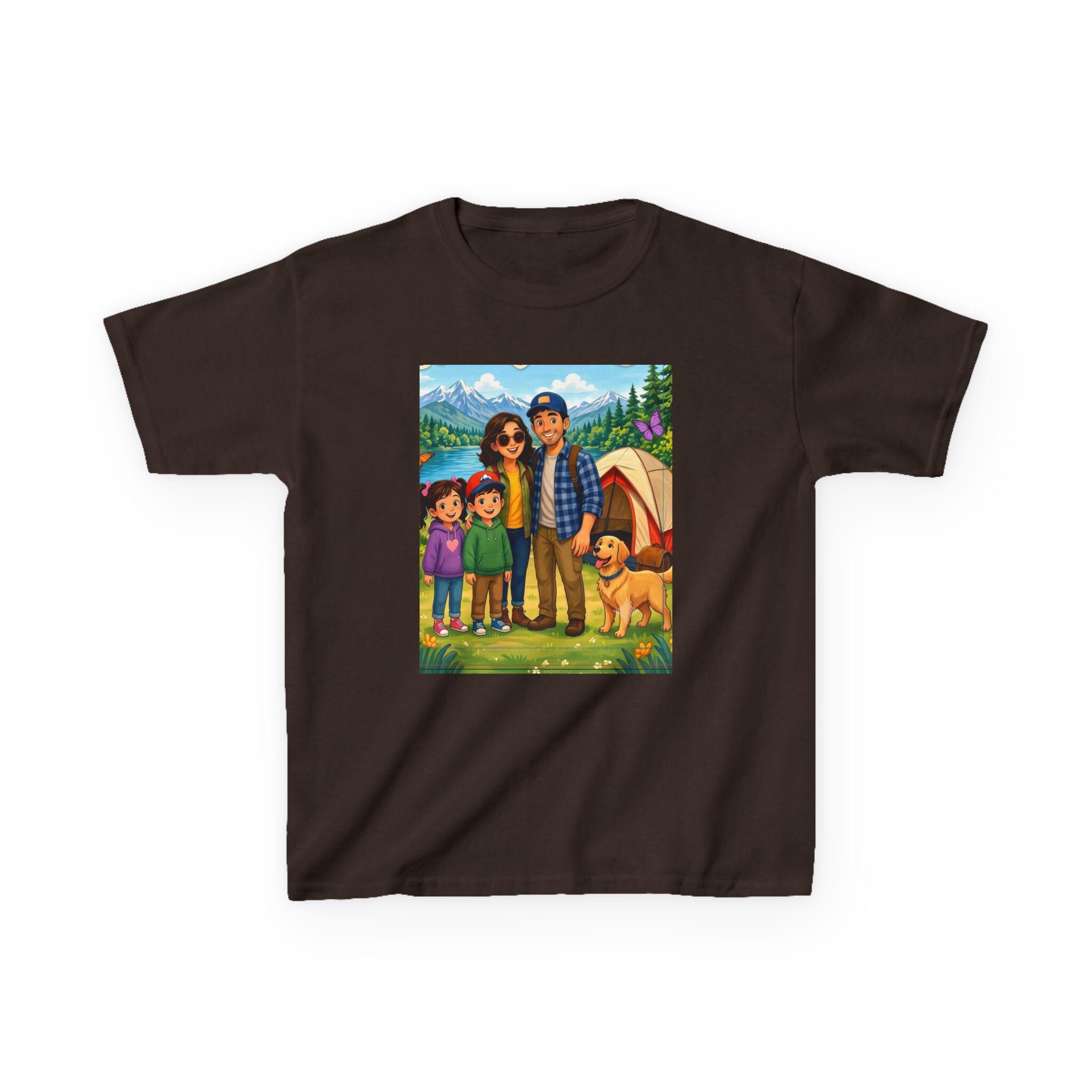 Family Camping Illustration Kids Tee | Outdoor Adventure, Tent, Dog