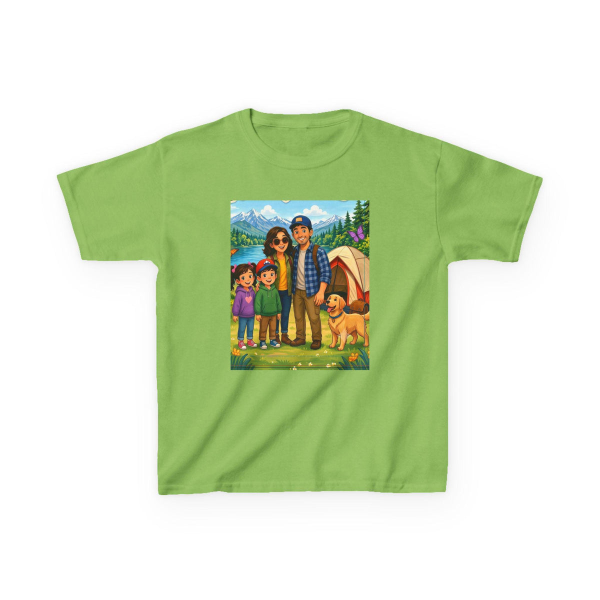 Family Camping Illustration Kids Tee | Outdoor Adventure, Tent, Dog