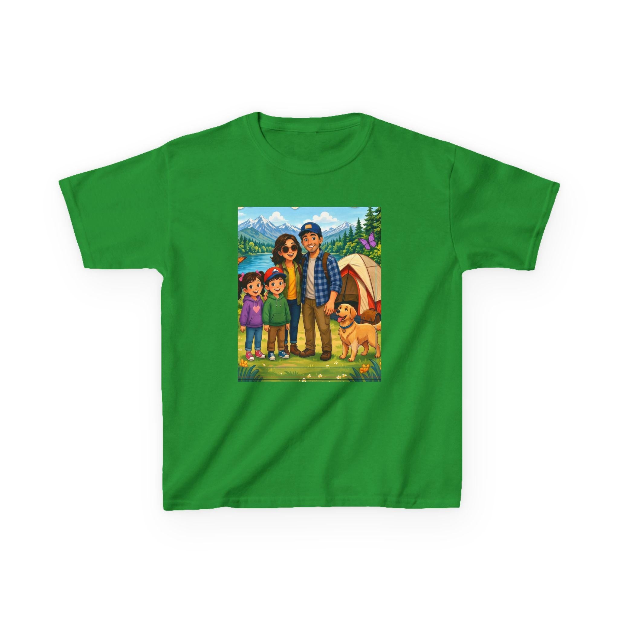 Family Camping Illustration Kids Tee | Outdoor Adventure, Tent, Dog