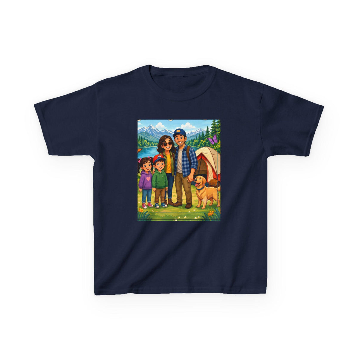 Family Camping Illustration Kids Tee | Outdoor Adventure, Tent, Dog