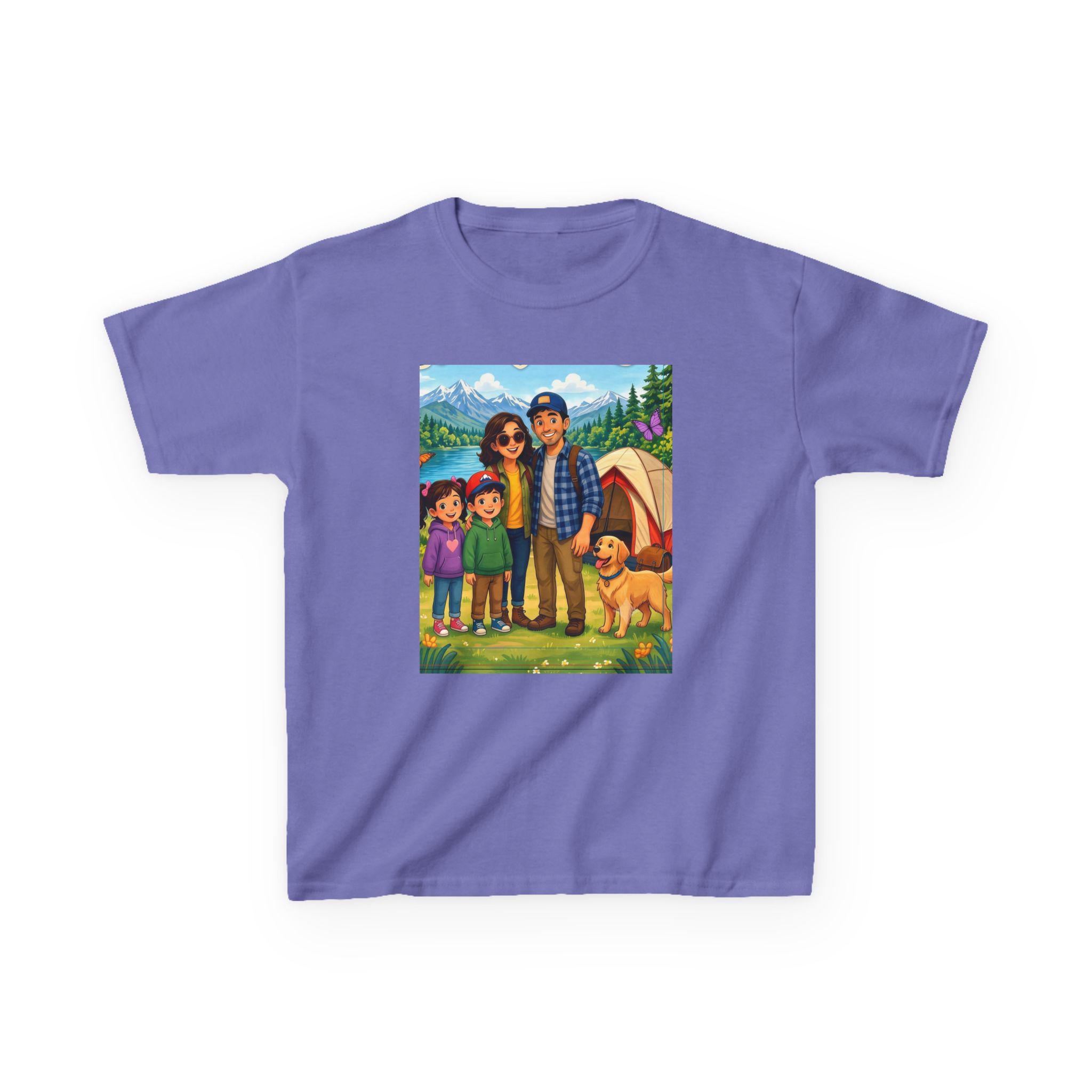 Family Camping Illustration Kids Tee | Outdoor Adventure, Tent, Dog