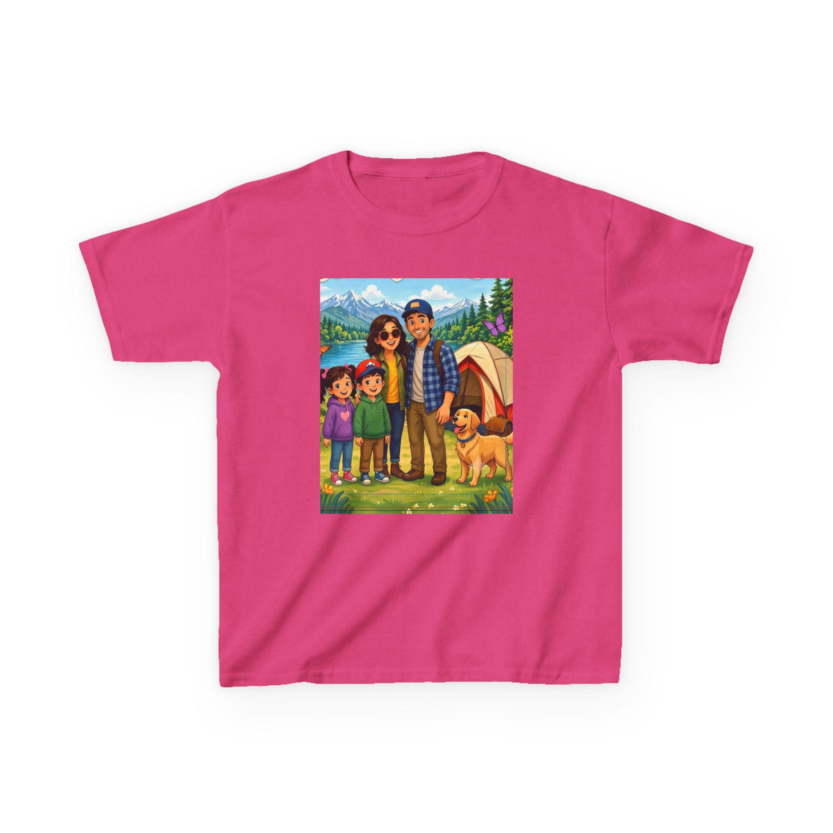 Family Camping Illustration Kids Tee | Outdoor Adventure, Tent, Dog