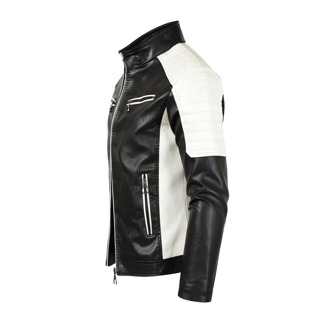 Men's Stand-up Collar Block Slim-fit Leather Jacket (DTF)